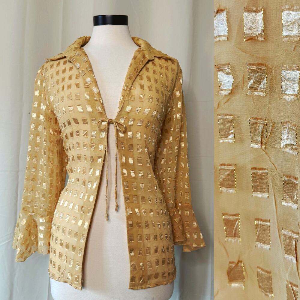 VTG 90s does 70s Notations Sheer Shimmer Gold Checkered Long Bell Sleeve Tie Top